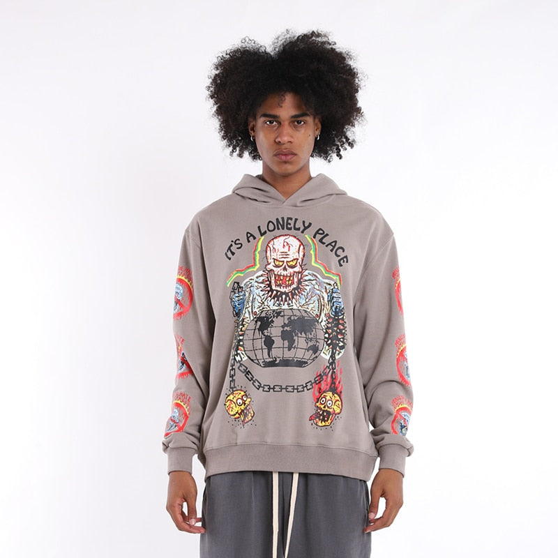 Skull Graffiti Style Printed Men Loose Hoodie