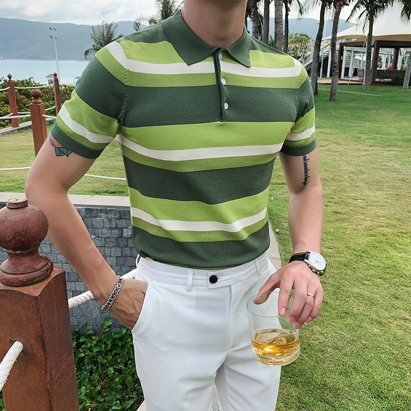 Quad Color Horizontal Stripes Knitted Polo Shirt