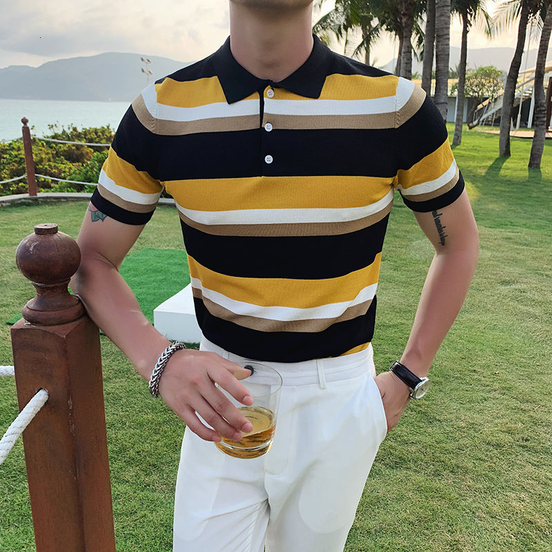Quad Color Horizontal Stripes Knitted Polo Shirt