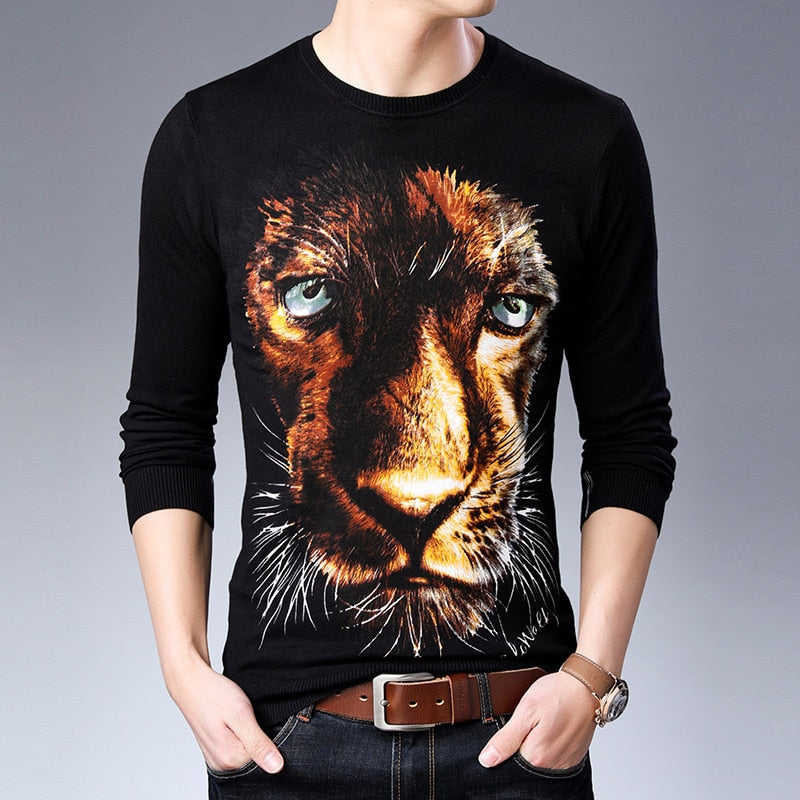 Big Tiger Head Print Pull O Neck Casual Hommes Pull