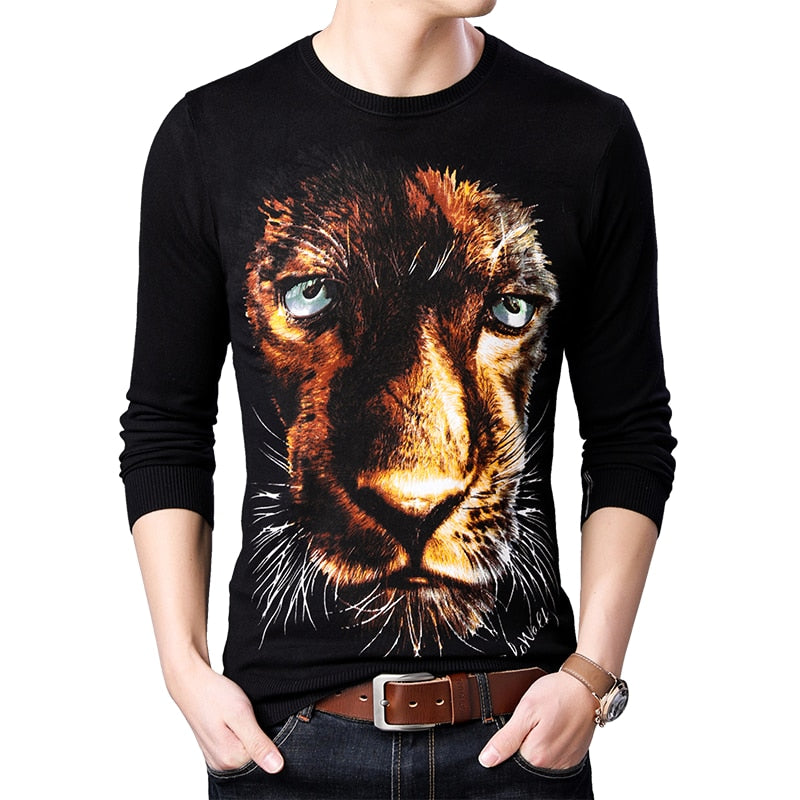 Big Tiger Head Print Pullover O Neck Casual Men Sweater