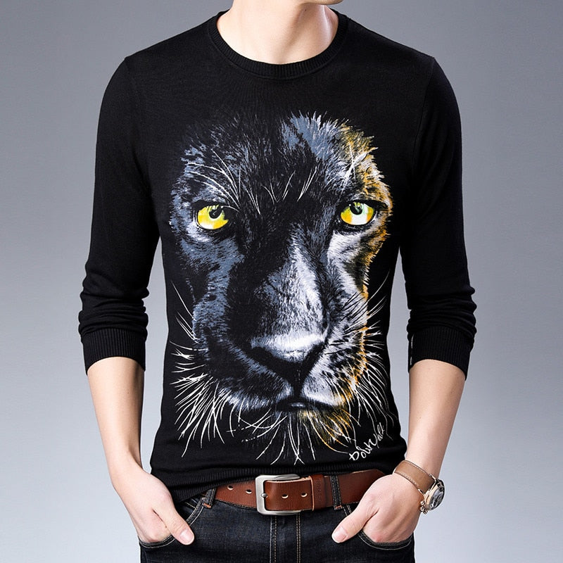 Big Tiger Head Print Pullover O Neck Casual Men Sweater