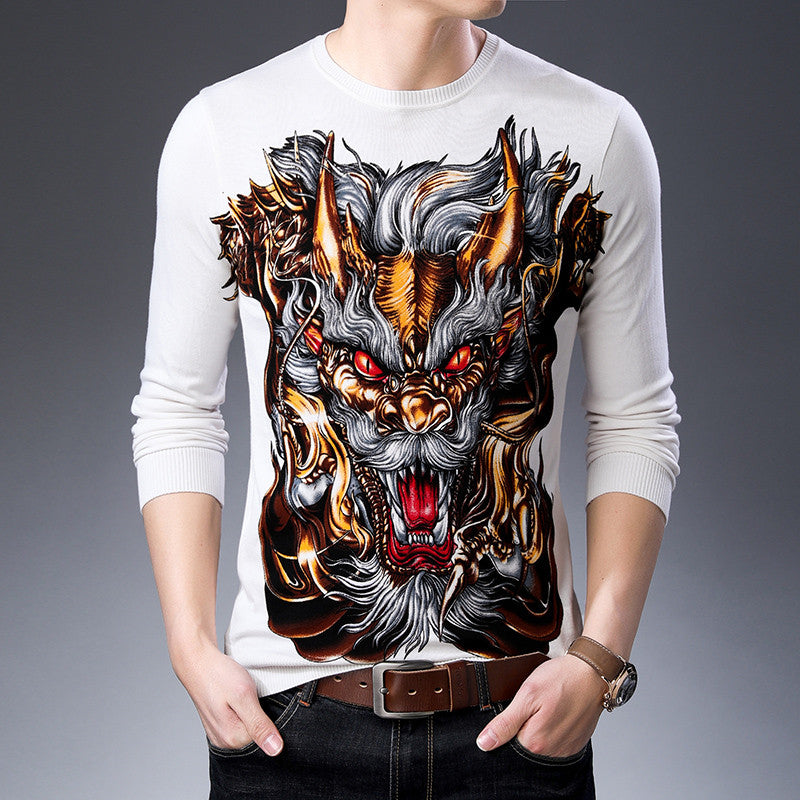 Fierce Horned Animal Print Casual O Neck Style Hombres Suéter