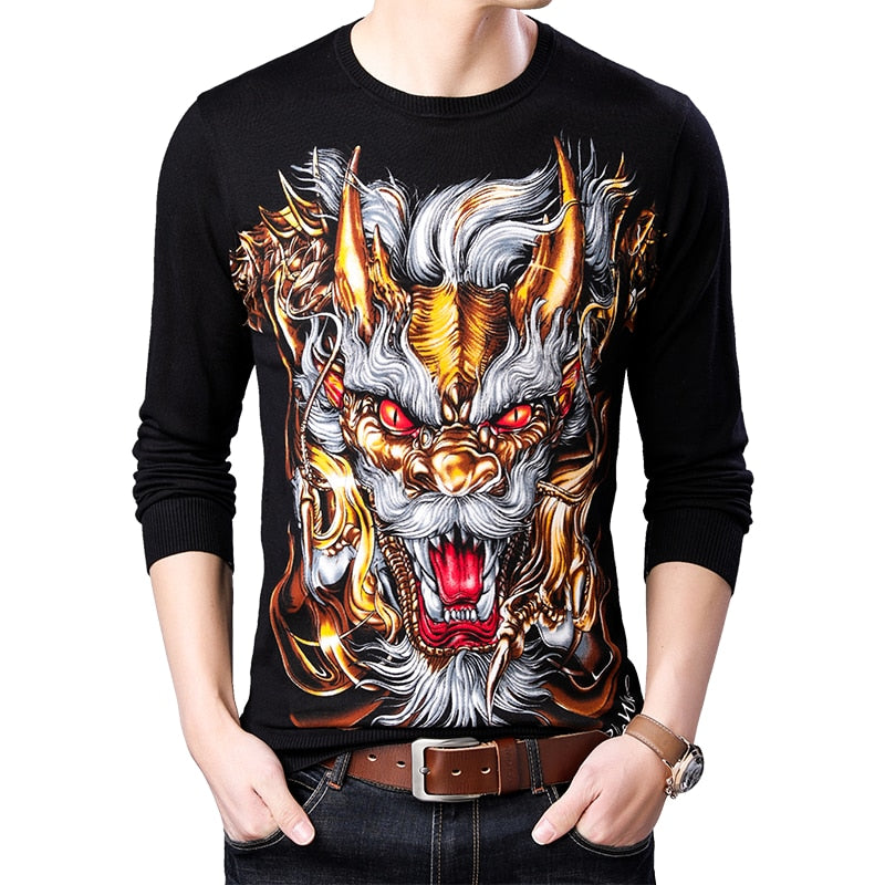 Fierce Horned Animal Print Casual O Neck Style Hombres Suéter