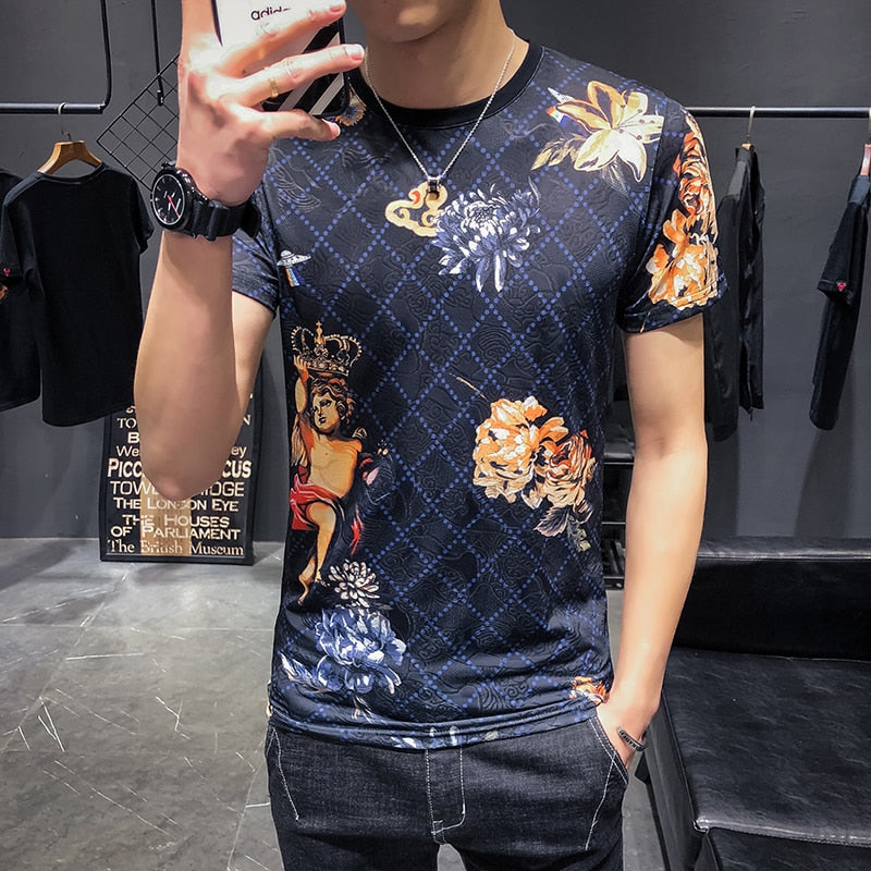 Floral Diamond Plaid Printed Round Neck Design Men T-Shirt