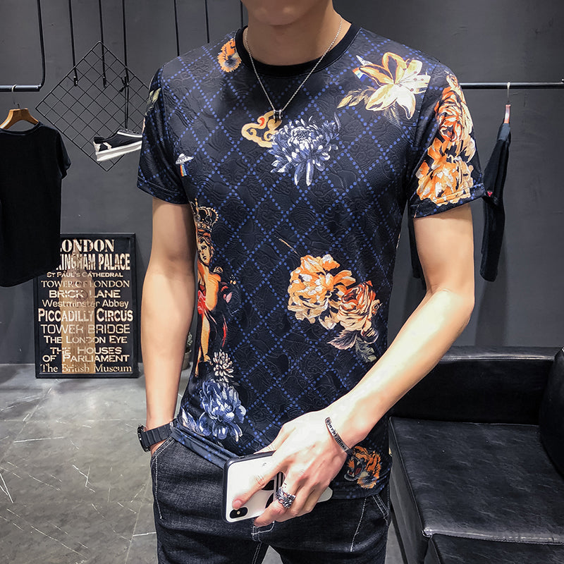 Floral Diamond Plaid Printed Round Neck Design Men T-Shirt
