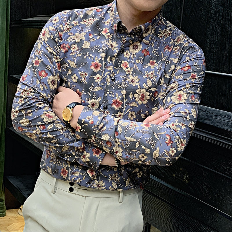 Camisa de manga larga para hombre con estampado floral sin costuras
