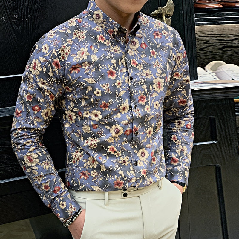 Camisa de manga larga para hombre con estampado floral sin costuras