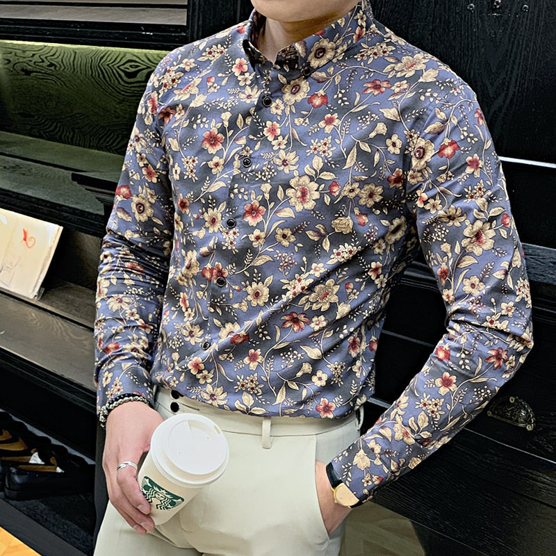 Camisa de manga larga para hombre con estampado floral sin costuras