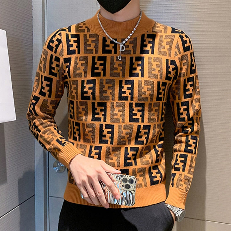 Geometric Pattern Mock Neck Sweater