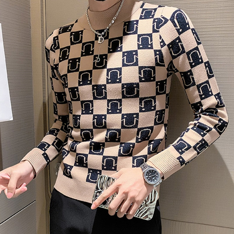 Geometric Pattern Mock Neck Sweater