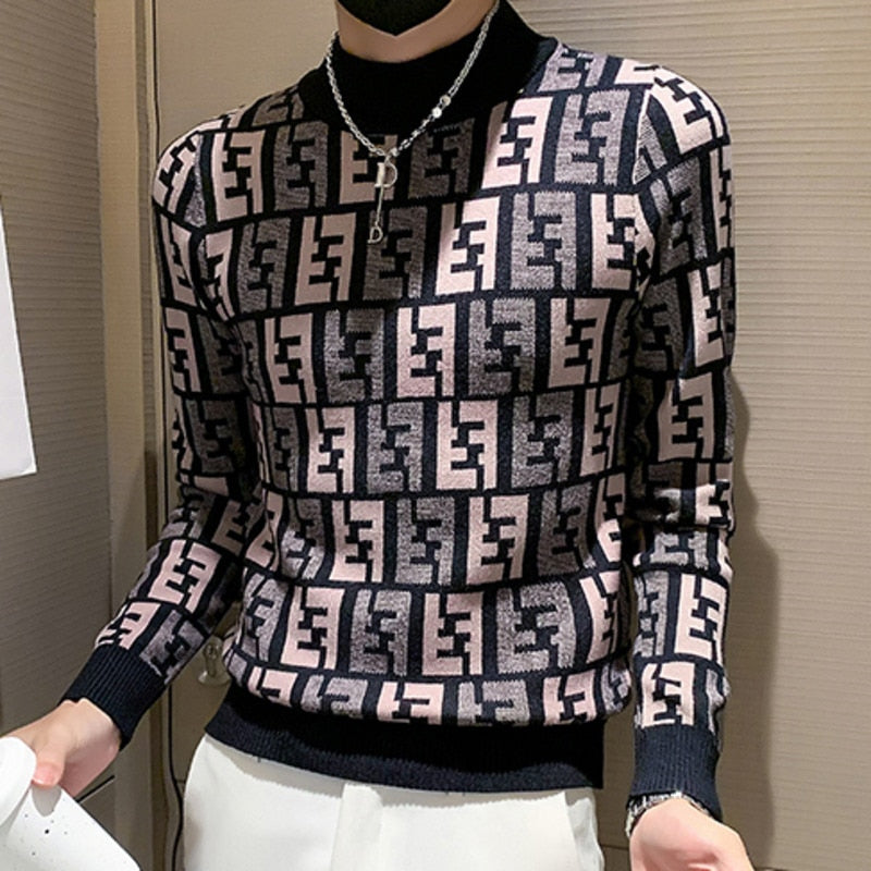 Geometric Pattern Mock Neck Sweater