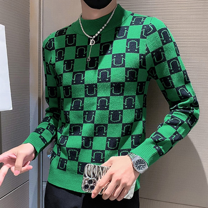 Geometric Pattern Mock Neck Sweater