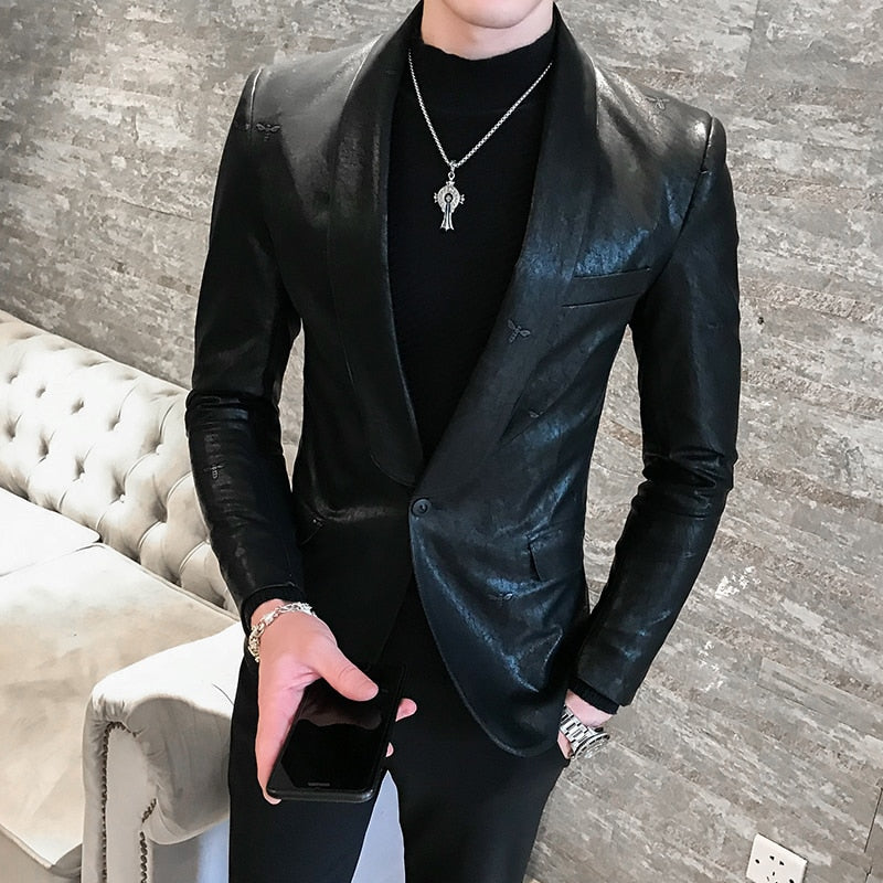 Single Button Solid Black Slim Fit Style Men Blazer