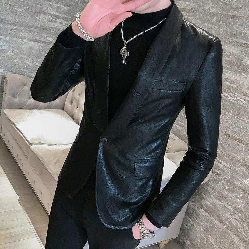 Single Button Solid Black Slim Fit Style Men Blazer