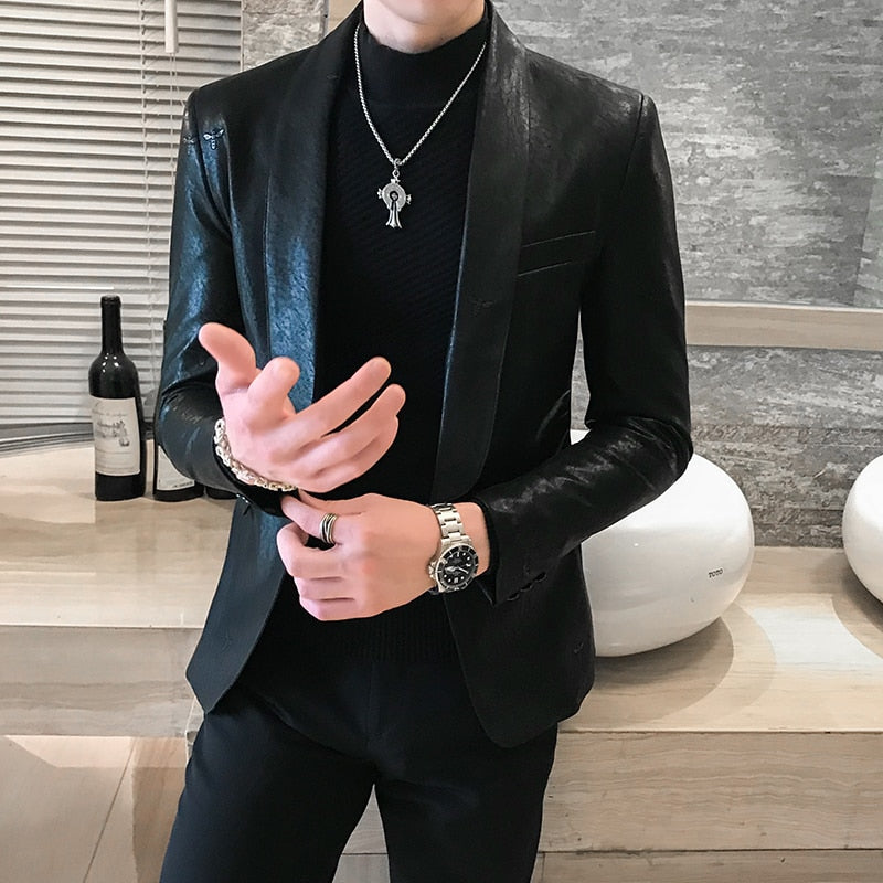 Single Button Solid Black Slim Fit Style Men Blazer