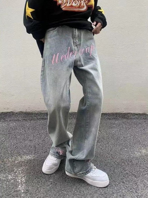 Embroidery Patchwork Light Blue Men Jeans