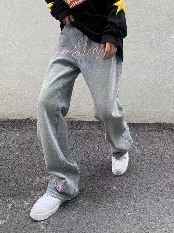 Embroidery Patchwork Light Blue Men Jeans