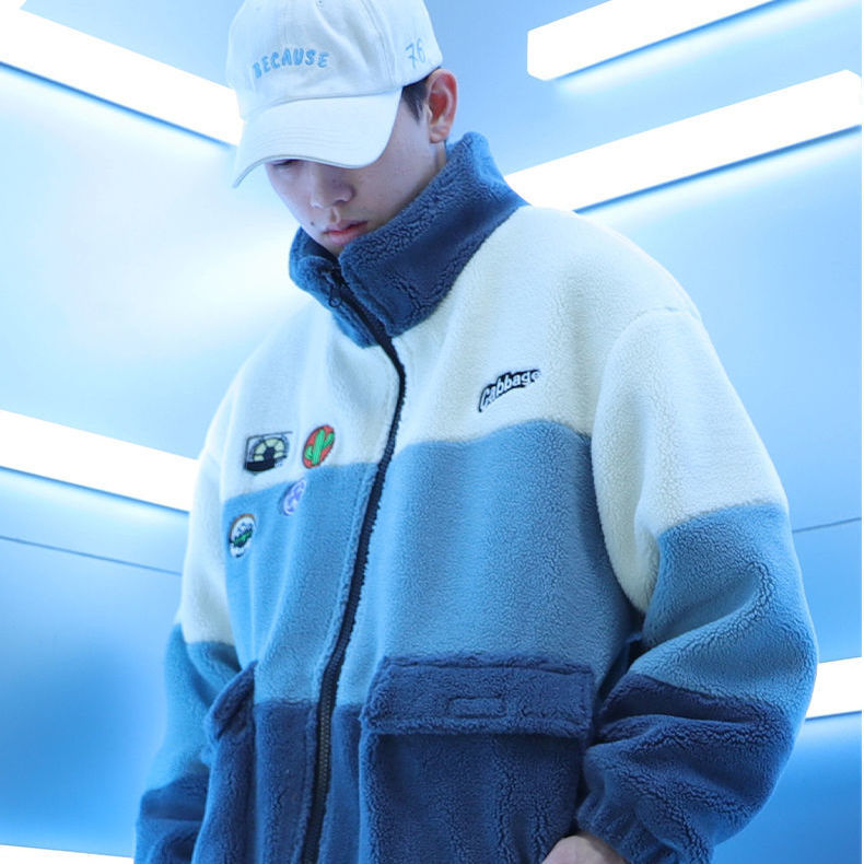 Chaqueta de patchwork a contraste de felpa de cordero