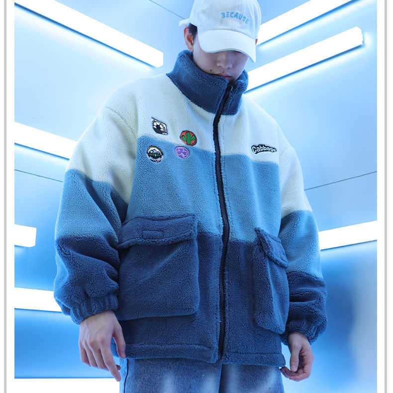 Chaqueta de patchwork a contraste de felpa de cordero