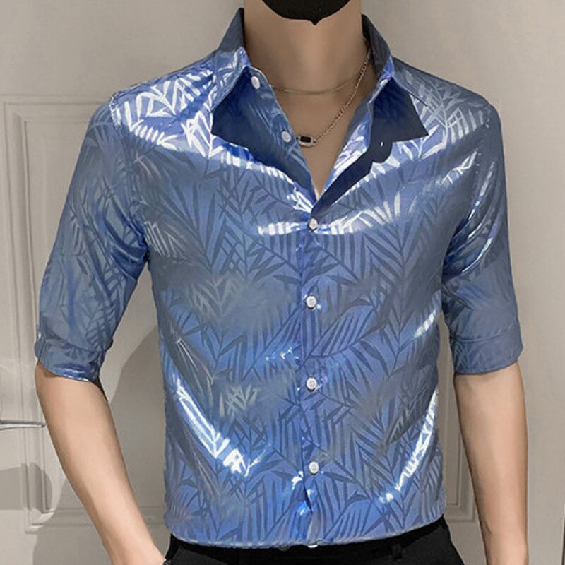 Casual Solid Leaf Satin Jacquard Shirt