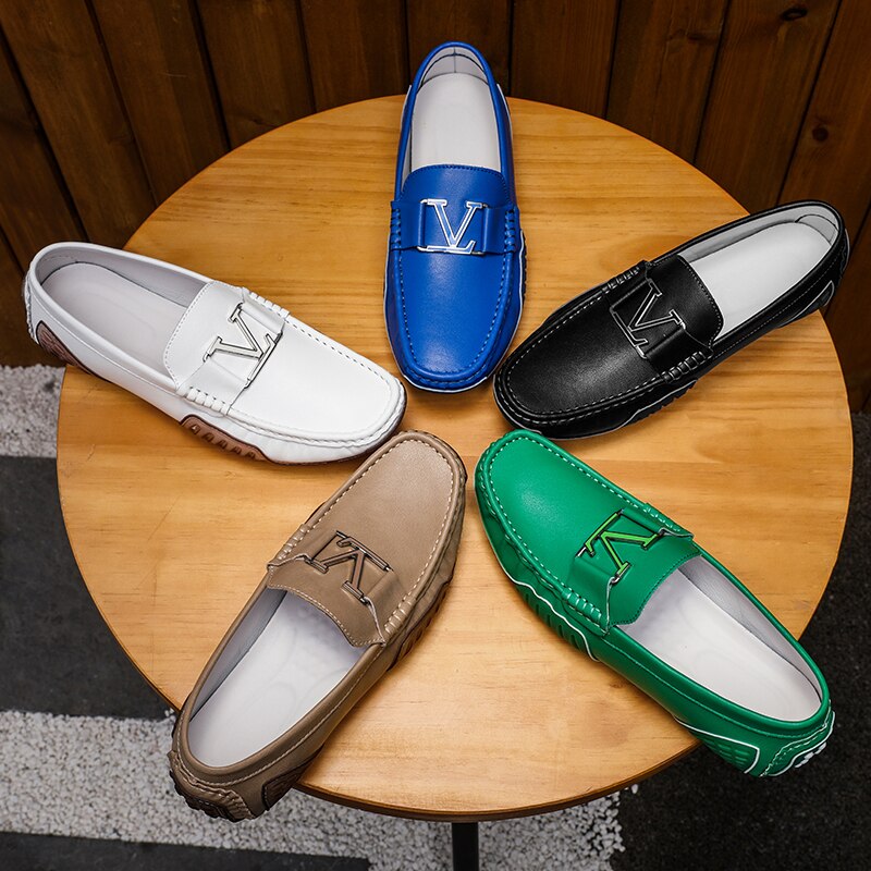 Solid V Letter Appliques Leather Loafers
