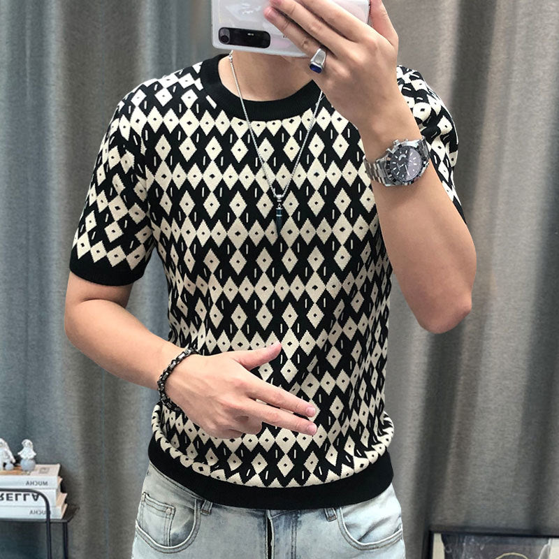Geometric Lattice Knit T-Shirt