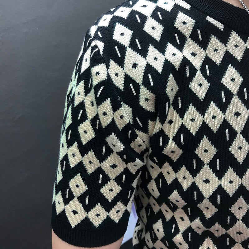Geometric Lattice Knit T-Shirt