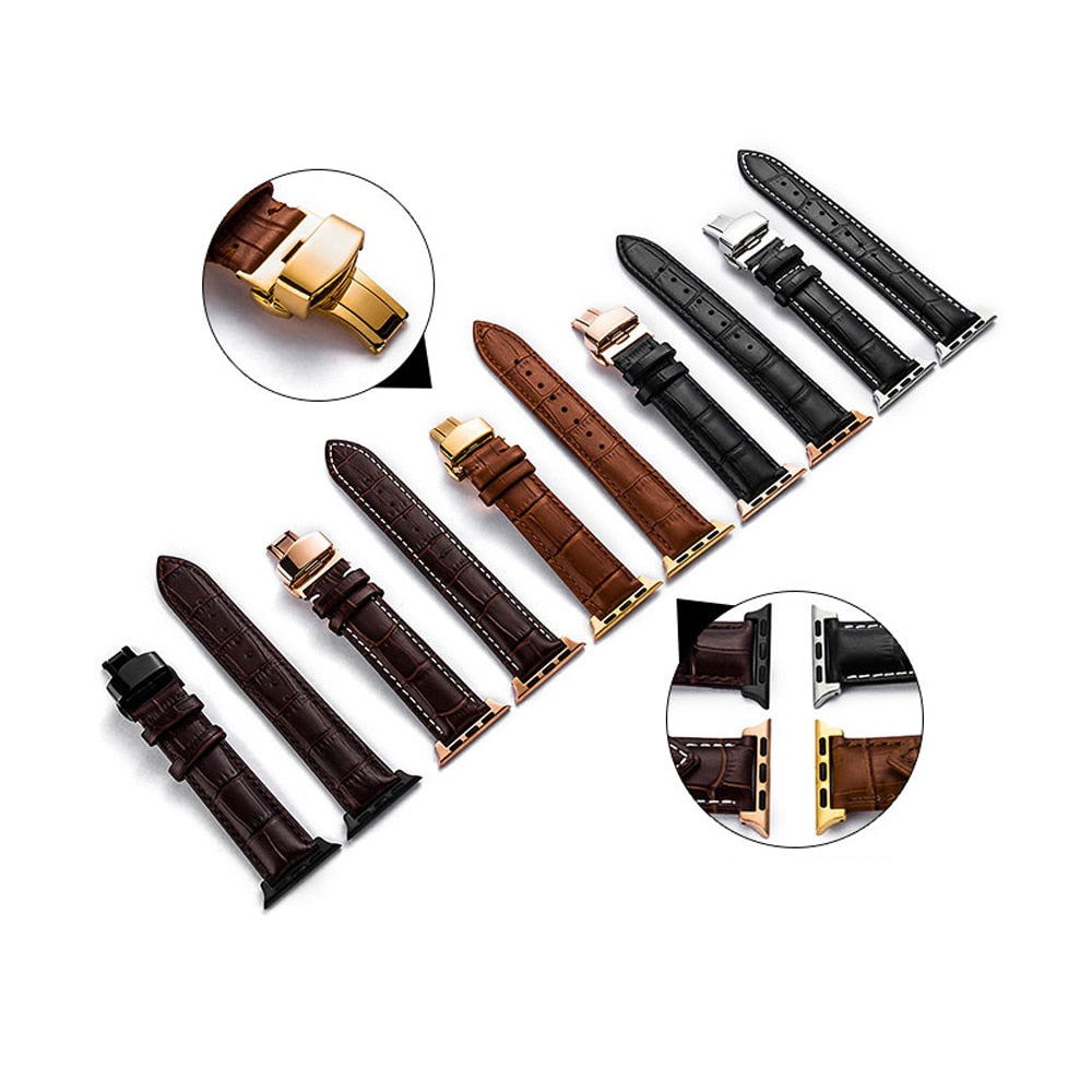 Correa de cuero con hebilla de mariposa para Apple Watch