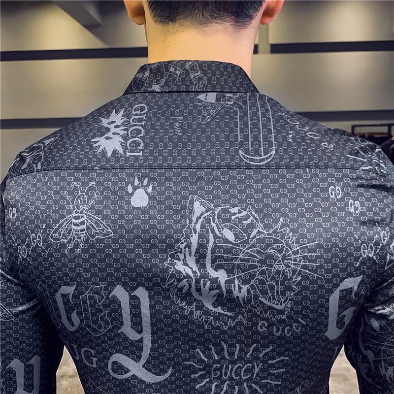 Lettre Imprimer Slim Fit Manches Longues Décontracté Bureau Porter Style Hommes Chemises