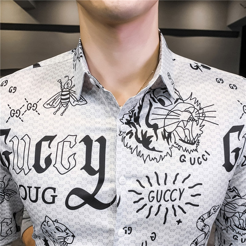 Lettre Imprimer Slim Fit Manches Longues Décontracté Bureau Porter Style Hommes Chemises