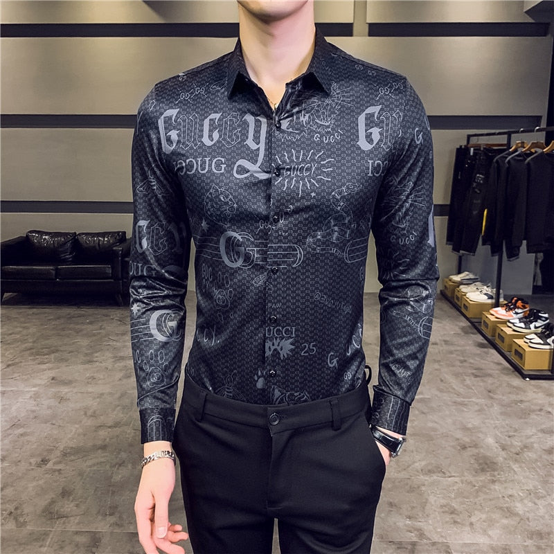 Lettre Imprimer Slim Fit Manches Longues Décontracté Bureau Porter Style Hommes Chemises