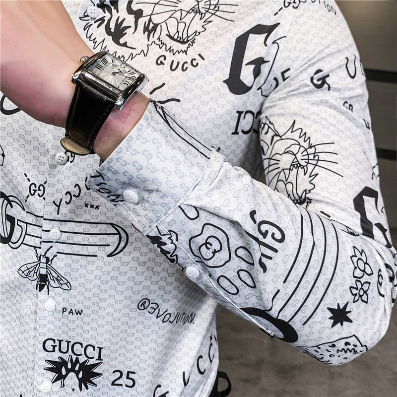 Lettre Imprimer Slim Fit Manches Longues Décontracté Bureau Porter Style Hommes Chemises