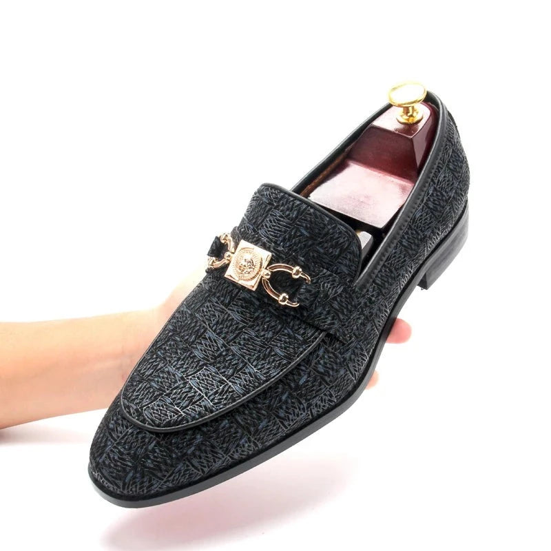 Geometric Checkered Metal Appliques Loafers