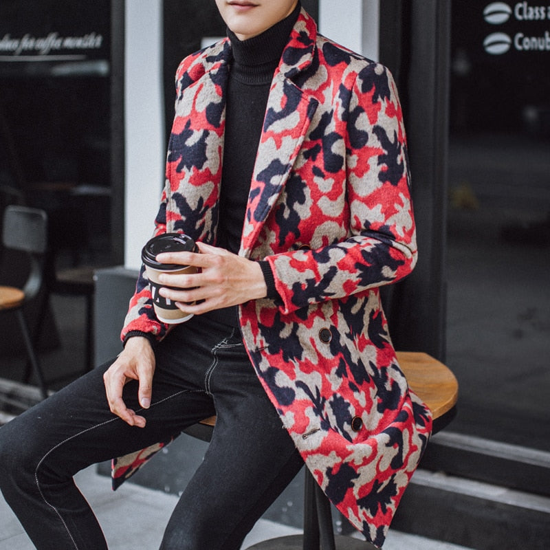 Abrigo de hombre de lana de camuflaje cálido largo y grueso