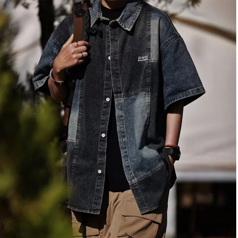 Color Block Patchwork Denim Short Set