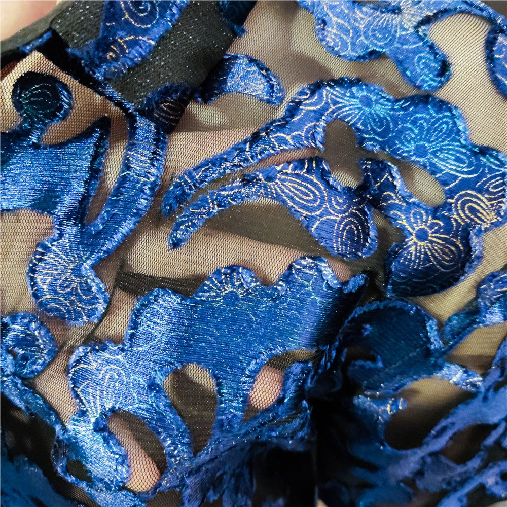 Blue Embroidery Geometric Pattern Transparent Shirt