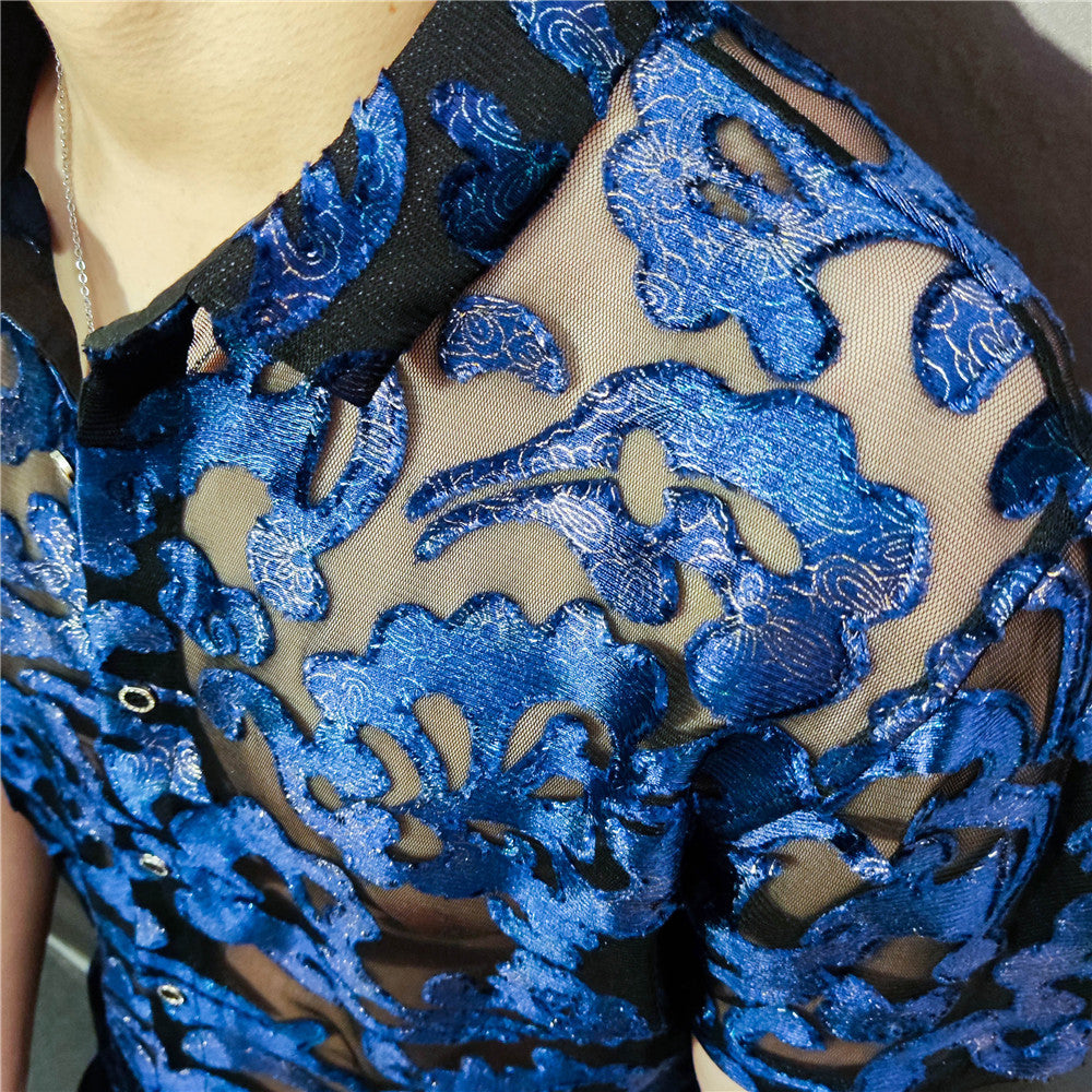 Blue Embroidery Geometric Pattern Transparent Shirt