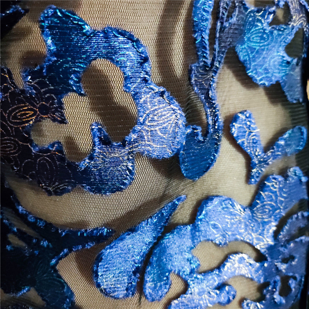 Blue Embroidery Geometric Pattern Transparent Shirt