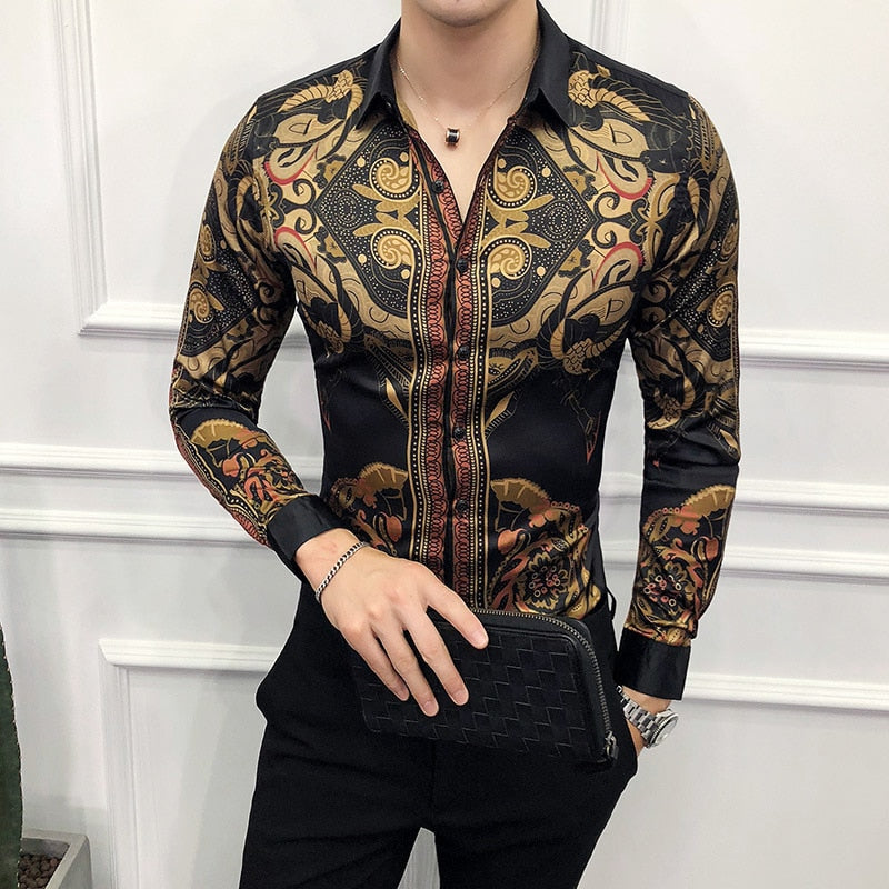 Camisa de hombre con estampado de arte dorado lujoso vintage