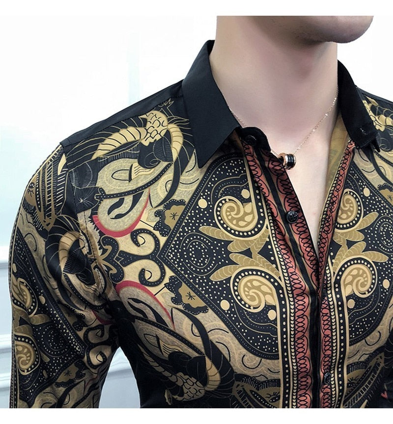 Camisa de hombre con estampado de arte dorado lujoso vintage