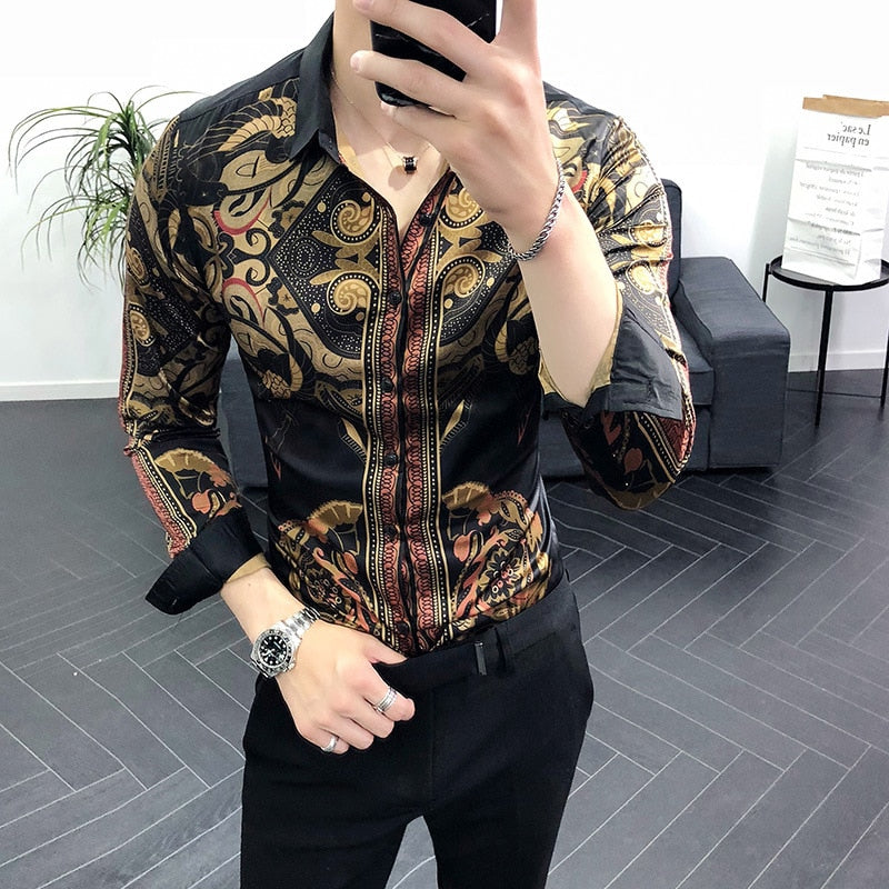 Camisa de hombre con estampado de arte dorado lujoso vintage
