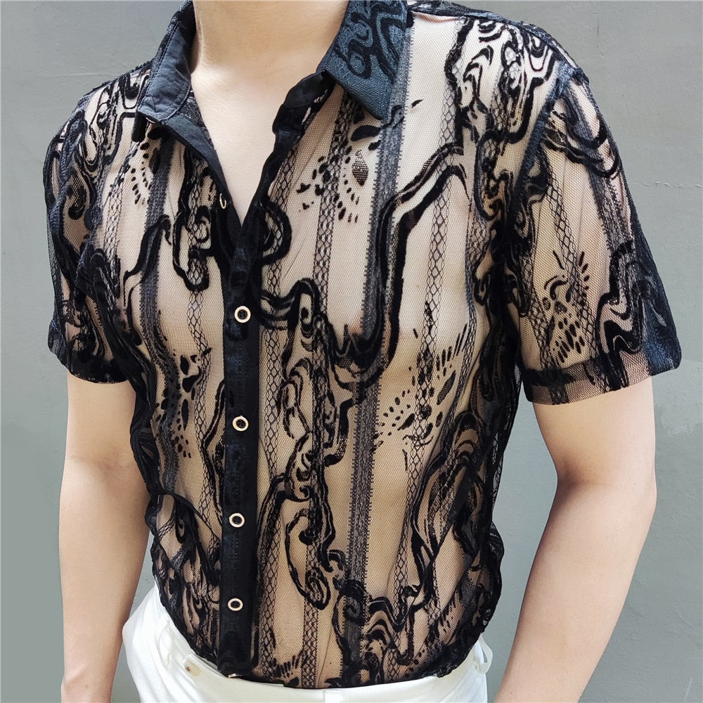 Chemise transparente géométrique en dentelle noire de luxe