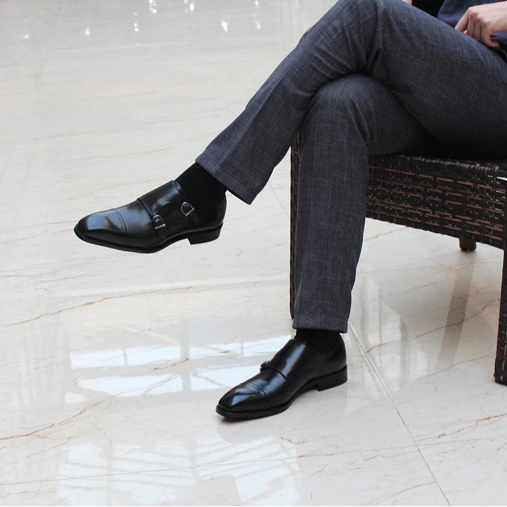 Solid Genuine Leather Buckle Strap Monk Shoes
