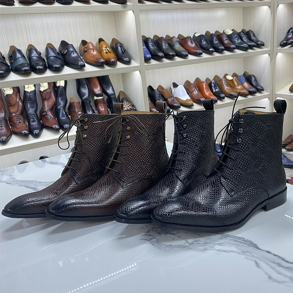Botas de cuero genuino con patrón de serpiente de lujo