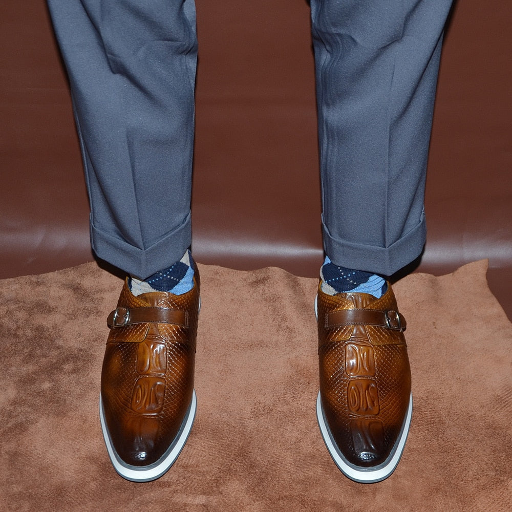 Crocodile Skin Pattern Leather Monk Shoes