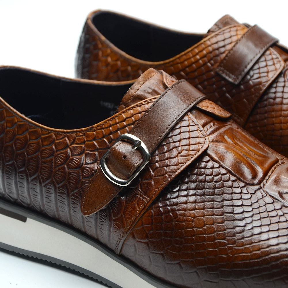 Crocodile Skin Pattern Leather Monk Shoes