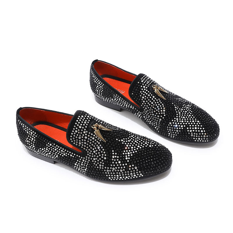 Luxury Rhinestone Handmade Men Red Black Velvet Loafer Shoes With Golden Tassel