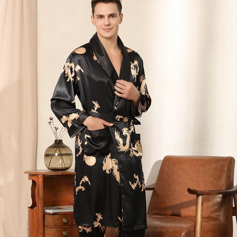 Dragon Pattern Satin Pajamas Robe