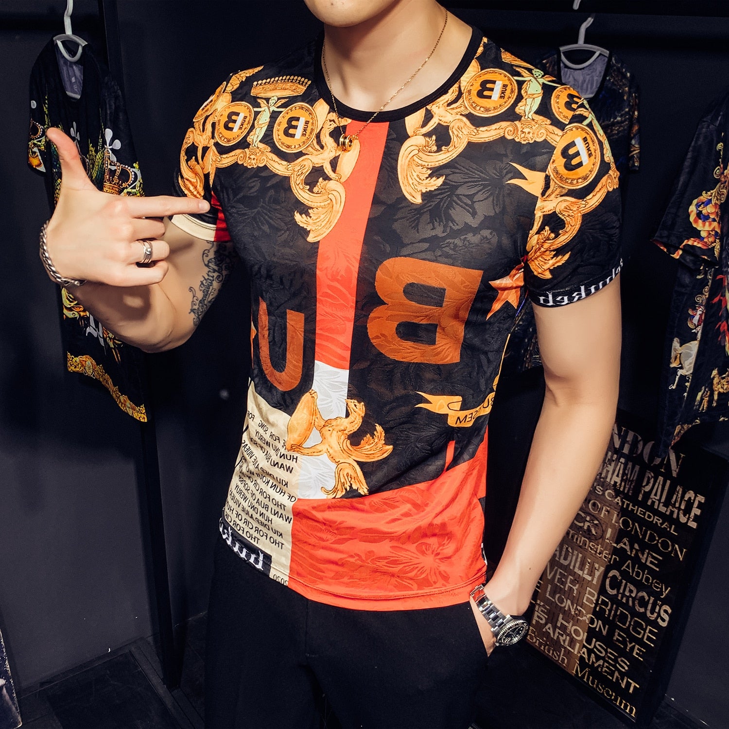 Tiger Head Back Men Printed Stretch T-Shirt